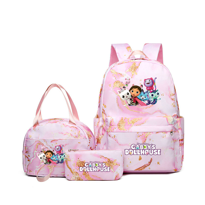 Gabby Dollhouses นักเรียนเด็กผู้หญิงกระเป๋านักเรียนกระเป๋าเป้สะพายหลังสีสันสดใสพร้อมถุงอาหารกลางวันเด็กวัยรุ่นการ์ตูนโรงเรียน Bookbag