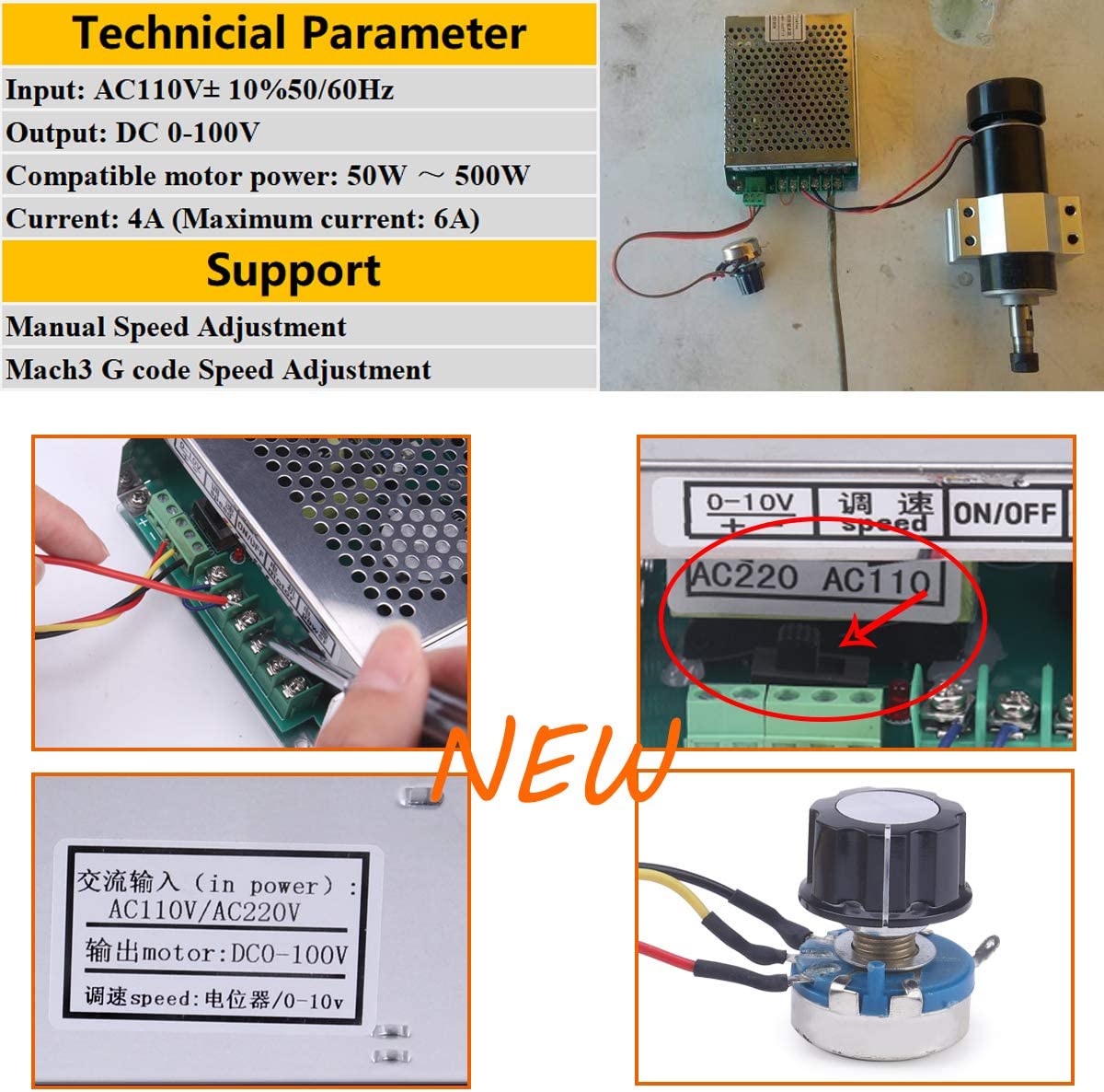 0.5kw Air Cooled Spindle 500W Spindle Motor ER11 Chuck CNC Spindle Motor+52mm Clamps+Power Supply Speed Governor For Engraving