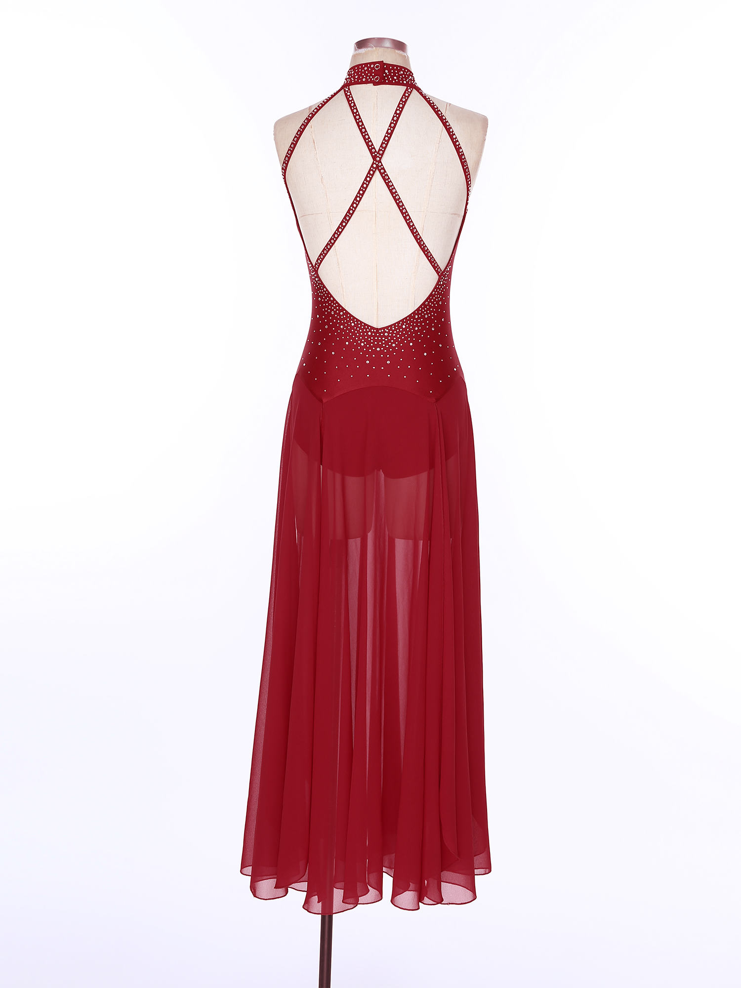 Women Modern Lyrical Dance Dress Rhinestone Leotard Overlay Chiffon Split Maxi Long Dress for Ballet Gymnastics Performance