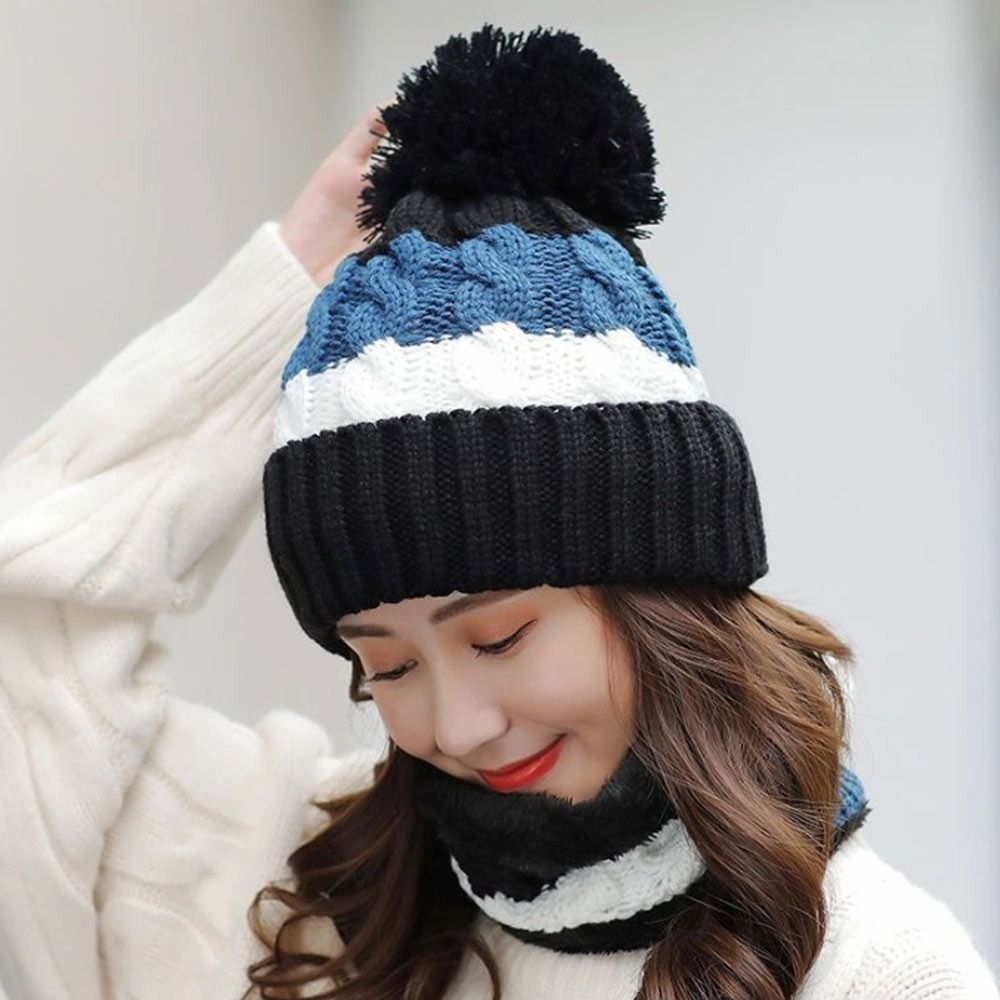 2PCS/Set Winter Warm Knitted Hat Neck Protection Windproof Beanies Hat Plush Soft Scarf Set Women