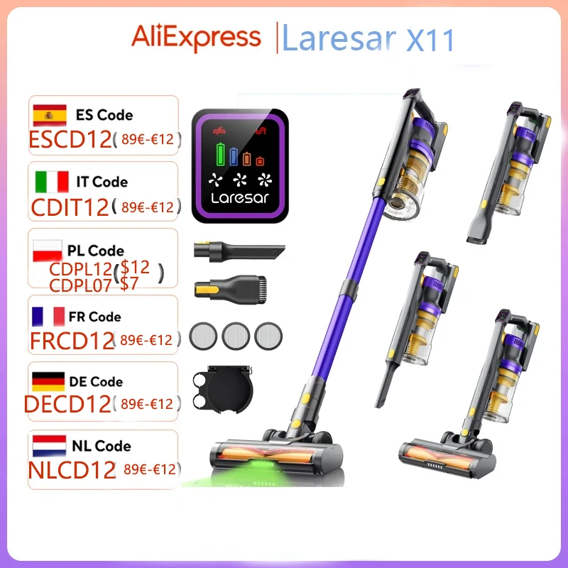 Laresar X11 Aspirapolvere senza fili 550W 55KPA Potenza di aspirazione Palmare Smart Home Tazza per la polvere 60 minuti di autonomia 3 pezzi Set di filtri Hepa