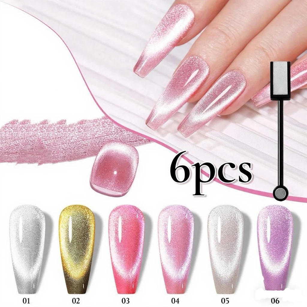 6 garrafas de conjunto de esmalte de gel magnético holográfico olho de gato, conjunto de arte de unha brilhante removível de gel UV semipermanente com ímã
