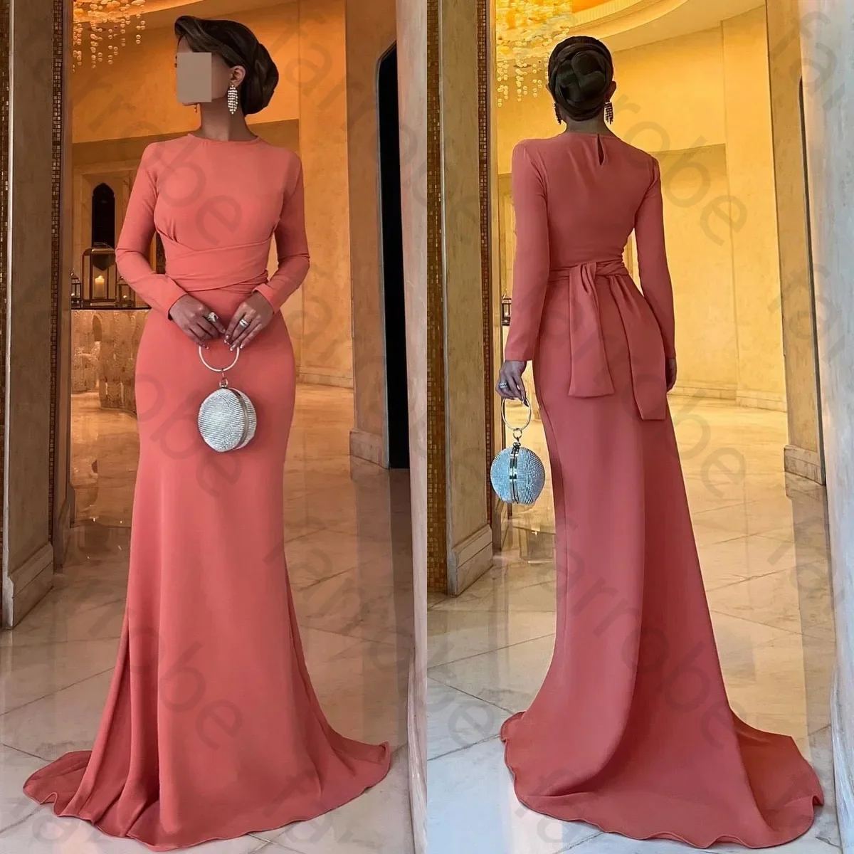Personalizado elegante coral rosa mãe da noiva vestidos jóia pescoço mangas compridas vestido de convidado de casamento até o chão vestidos de noite