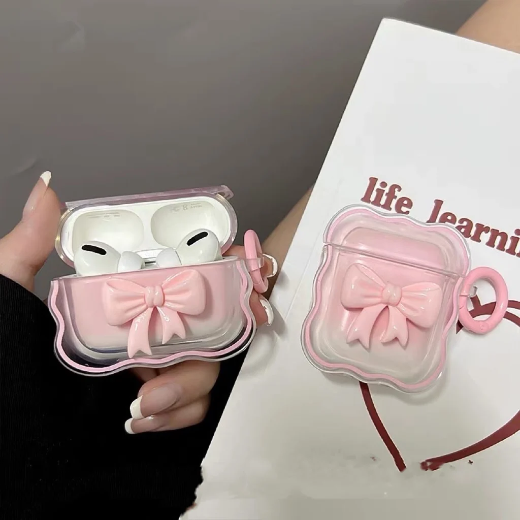 3D Bow Wave Hülle für Apple AirPods 1 2 Hülle Pink Floral Girls Cover für AirPods Pro Wireless Box mit Schlüsselanhänger