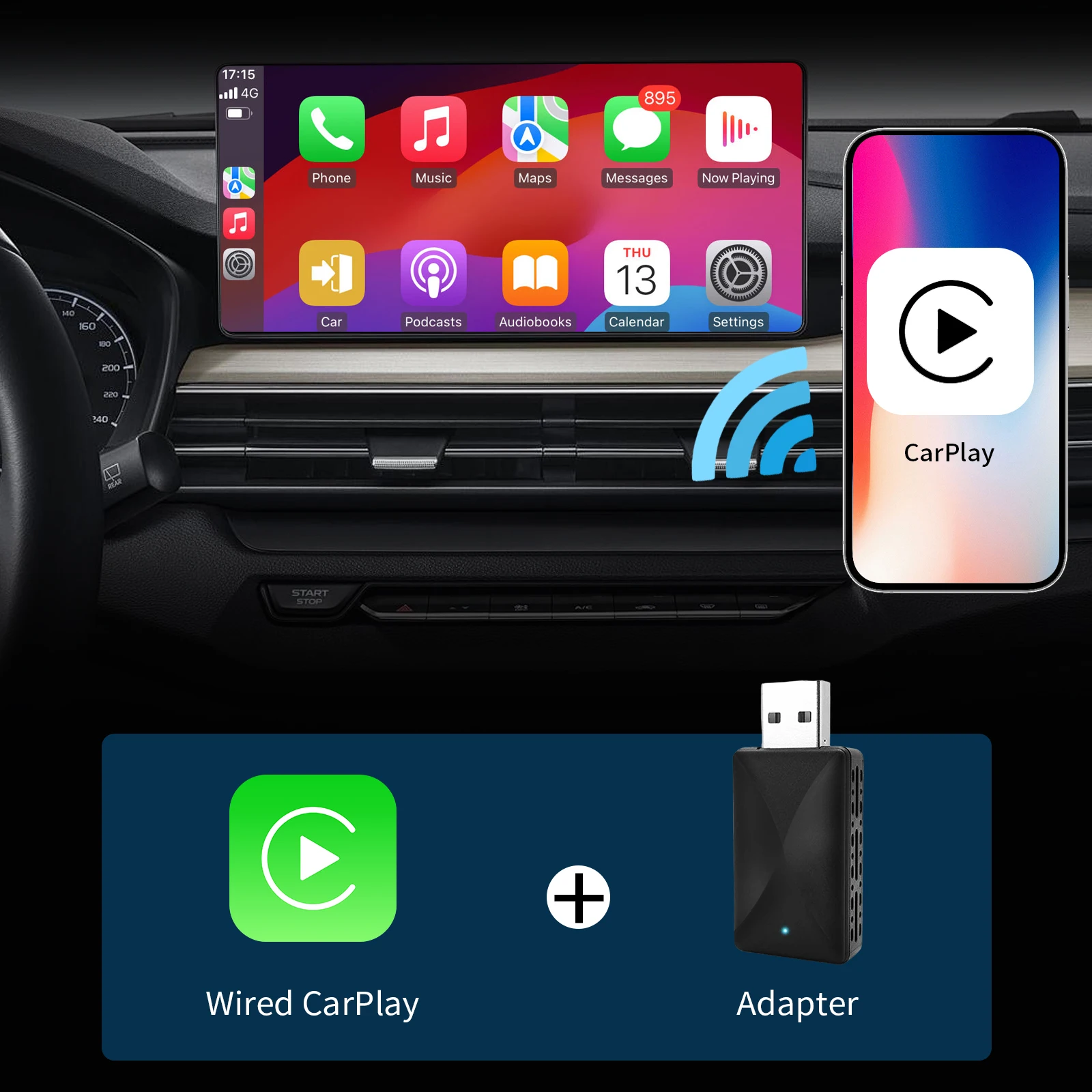 2-in-1 draadloze CarPlay & Android Auto-adapter, Plug & Play CarPlay converteert bedraad naar draadloos, snelle automatische verbinding, geen vertraging