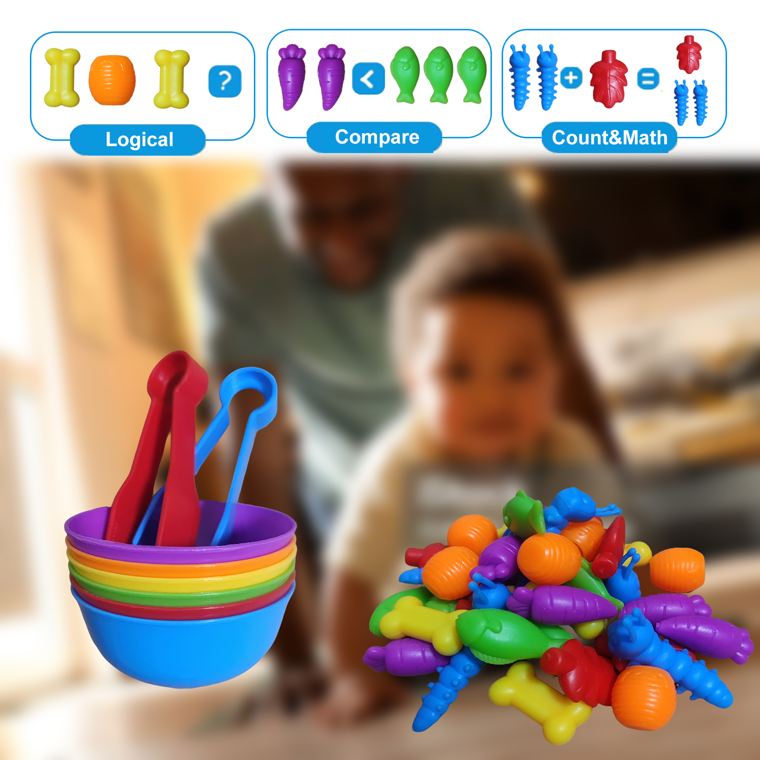 Counting Toys Animals Feeding Matching Game Color Sorting Sensory Fine Motor Skills Montessori Educational Toys for 3+ Age Gift