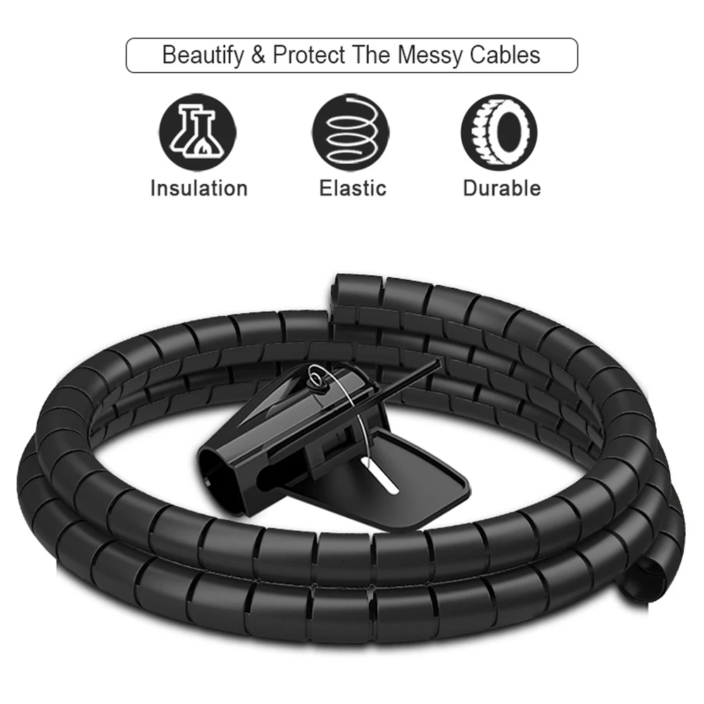 Organizador de cabo espiral flexível, 1.5/2m, 10/16mm, tubo de armazenamento, protetor de cabo, gerenciamento, enrolador de cabo, mesa, acessórios de cabo arrumado