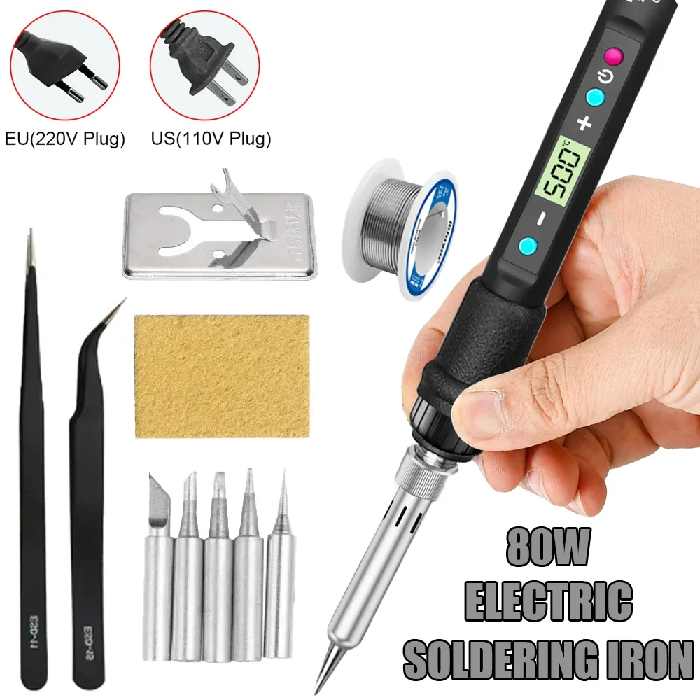 Kit de soldador electrónico de 80W, soldador con temperatura ajustable, herramientas de soldadura LCD, calentador de cerámica, puntas de soldadura EU220V/US110V