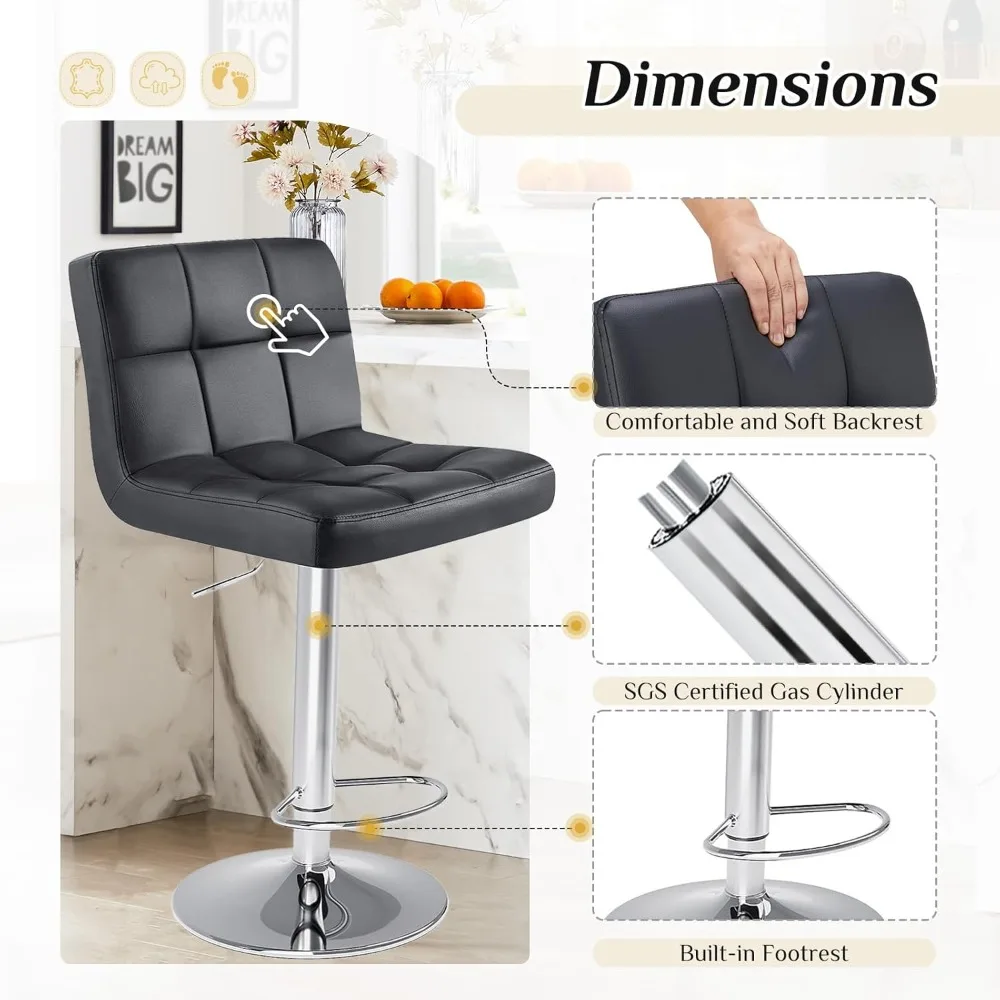 Bar stools Set of 2, 24 inch Bar Stools, Upholstered Kitchen Barstools w/Metal Base, PU Leather Saddle Stools for Kitchen Island