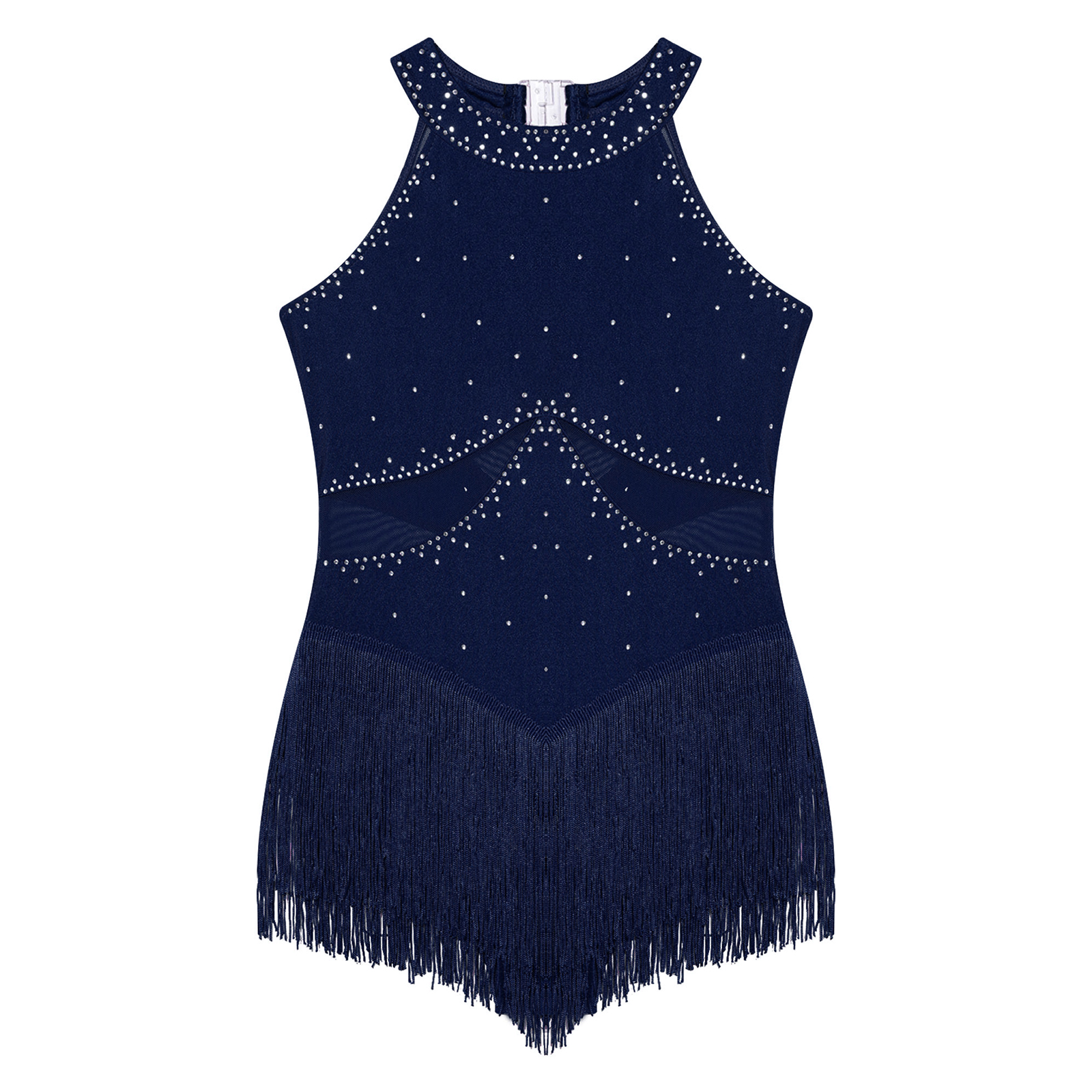 Kids Girls Fringed Dance Leotard Glittery Rhinestones Sheer Mesh Patchwork Keyhole Back Tassel Bodysuit for Figure Skating