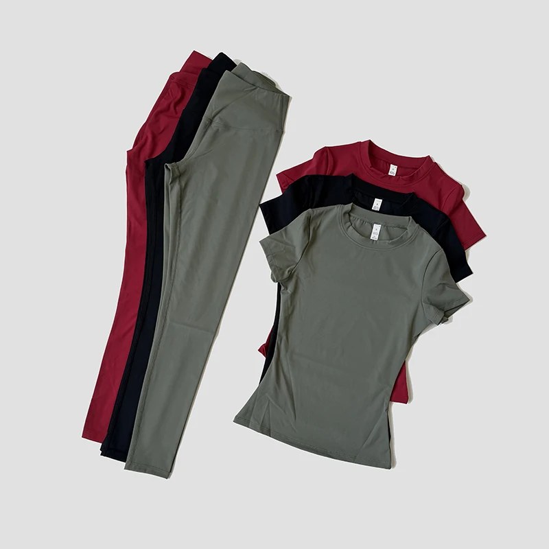 Schnell trocknendes Gym-Leggings-Set, Sportanzug, kurzärmelig, atmungsaktiv, dehnbar, schlank, Fitness, aktives Oberteil, enges Gym-Set