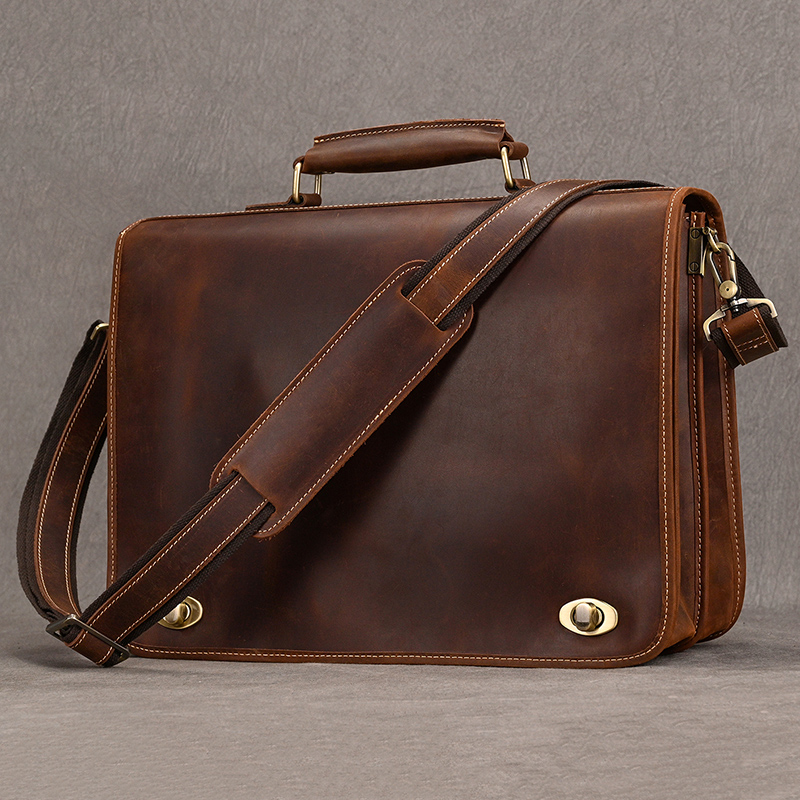 Maletín de cuero genuino grueso para hombre, bolso de negocios con correa para el hombro, 15"