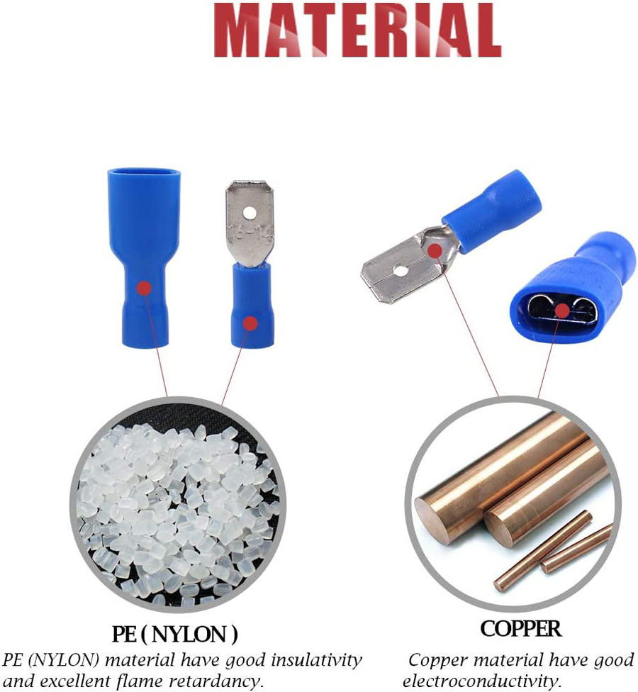 100 Uds 50 pares 6,3mm 16 14AWG hembra macho conector de cableado eléctrico Terminal de engarzado aislado pala azul