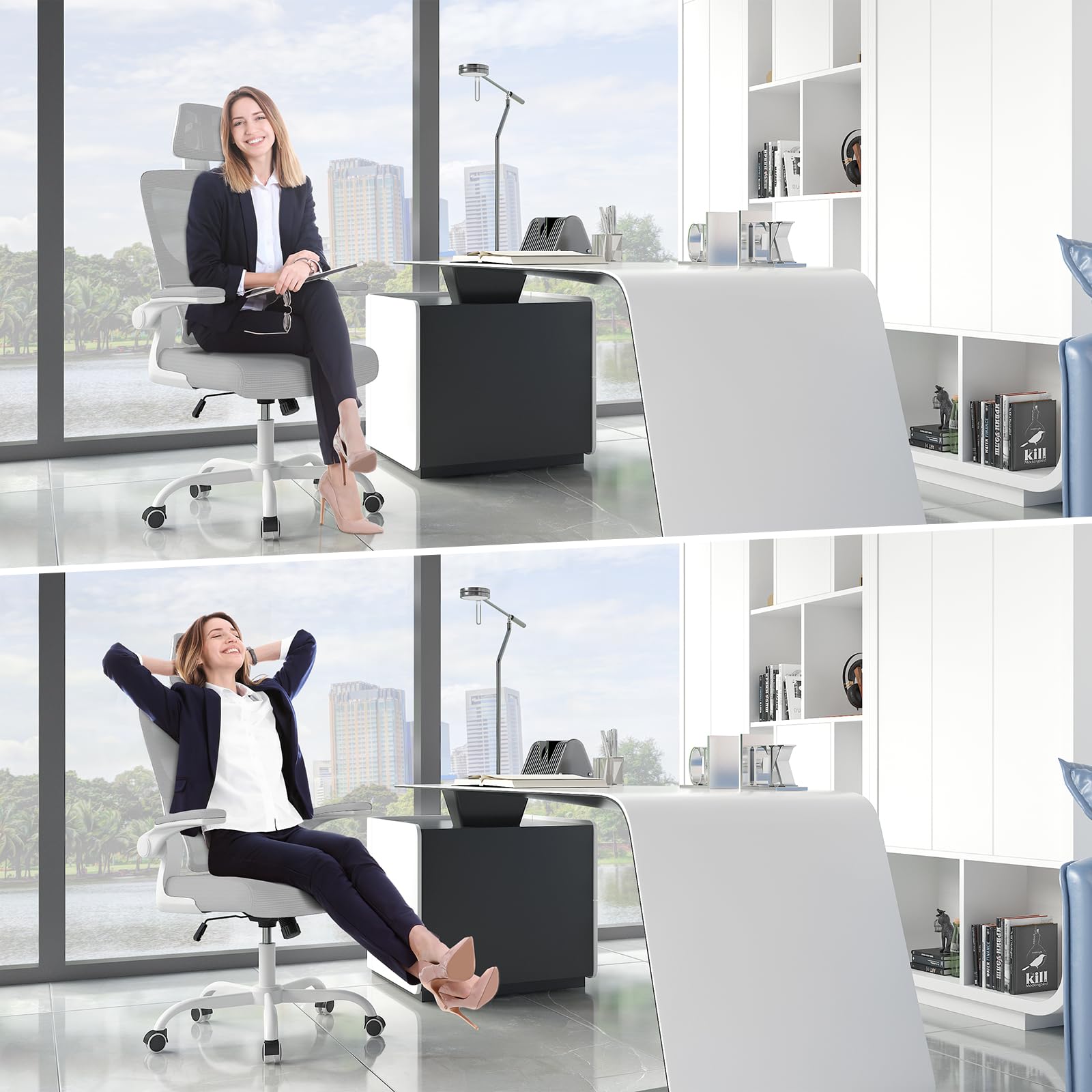 Ergonomic Office Chair with Adaptive Lumbar Support/3D Headrest/Flip-up Armrests, Computer Mesh Chair Swivel Home Office Chair