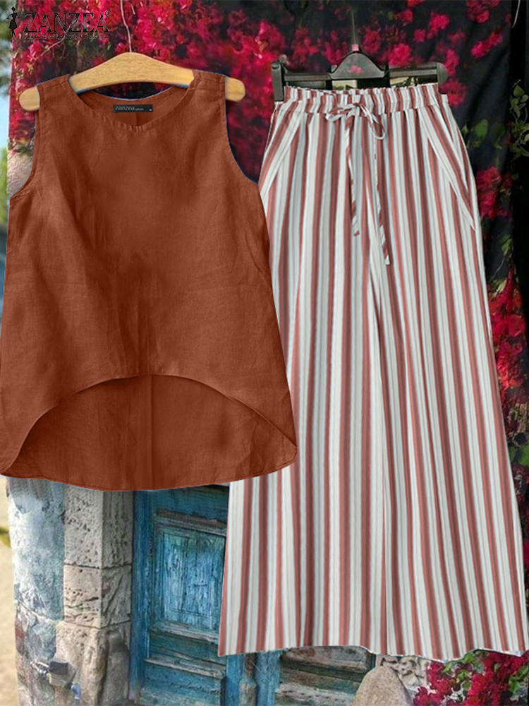 ZANZEA setelan celana 2 potong, setelan celana panjang kasual, longgar, tangki Hem tidak teratur, Solid, liburan, musim panas, dan celana Motif