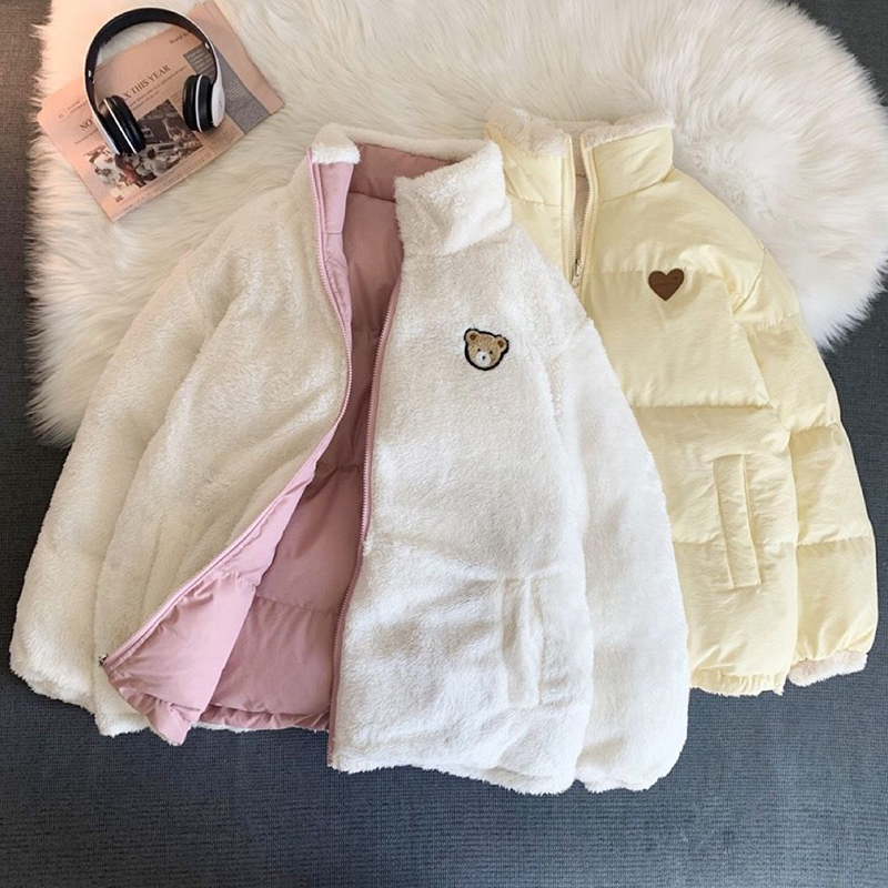 Parka brodée mignonne pour femme, veste chaude, conception double face, vêtements roses pour étudiants, mode coréenne, optique, hiver