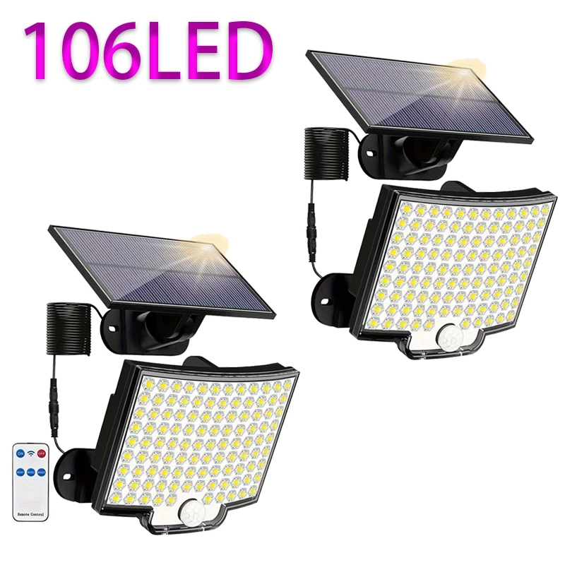 Zewnętrzna lampa solarna wodoodporna 106 LED z czujnikiem ruchu, pilotem i 3 trybami do oświetlenia patio, garażu i ogrodu.