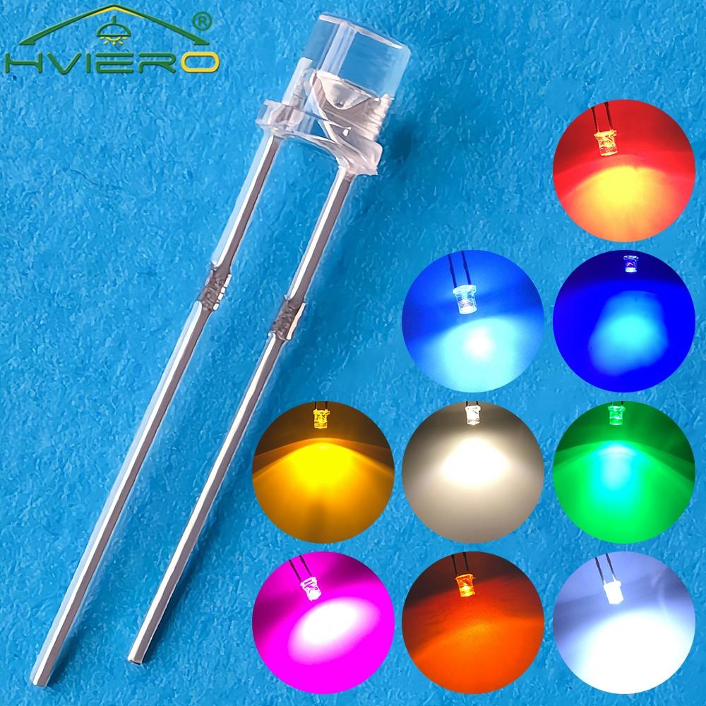 100x f3 3mm 2 pinos cabeça plana brilhante led decoração lâmpada branco vermelho amarelo azul água clara grande angular lâmpada de diodo emissor de luz