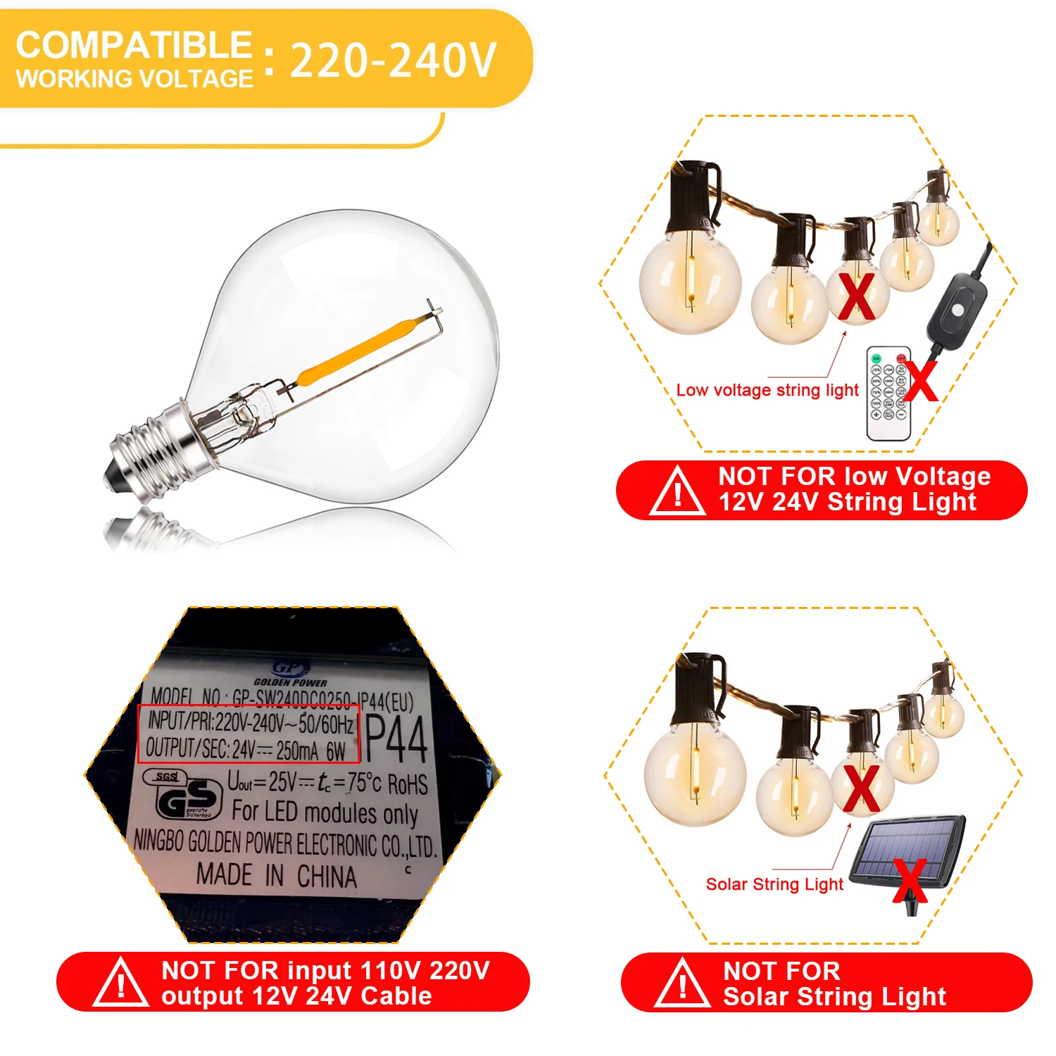 50PCS G40 LED String Light Lampadine di ricambio E12 220V 110V Globo Lampadina Bianco caldo 2200K 10W Equivalente Decorazione per interni ed esterni