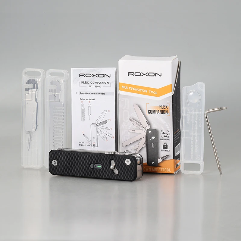 ROXON S503G Flex Companion Tool Modular Design and Customizable Pocket Tool, Preinstalled with 8 Essential Tools (1/4" Bit Drive
