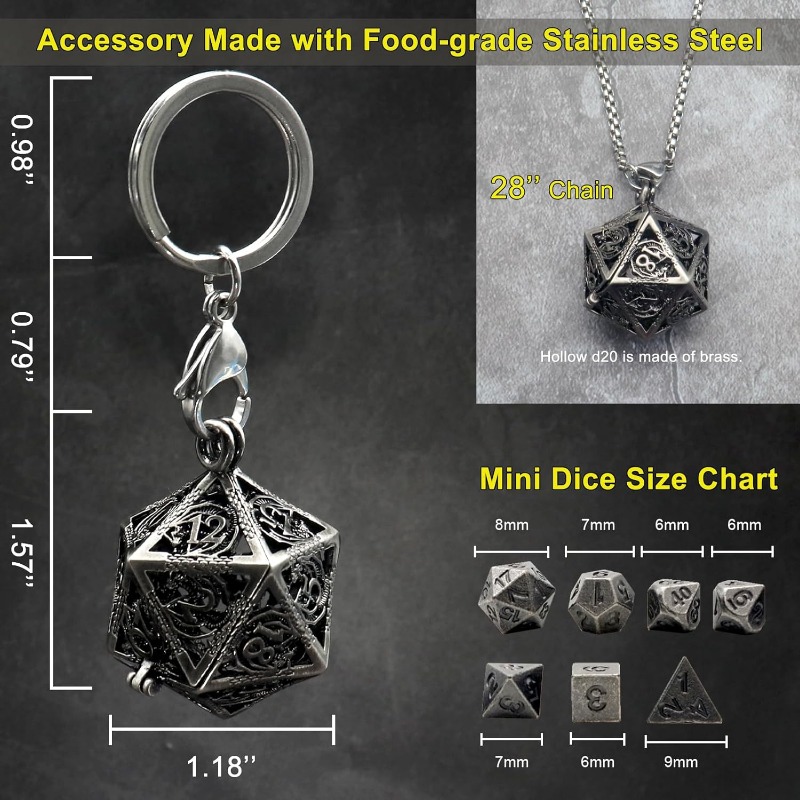 1 Juego de Mini juego de dados DND de Metal con caja de dados de collar D20 hueco de hierro antiguo juego de dados de Metal pequeños antiguos llavero D & D portátil