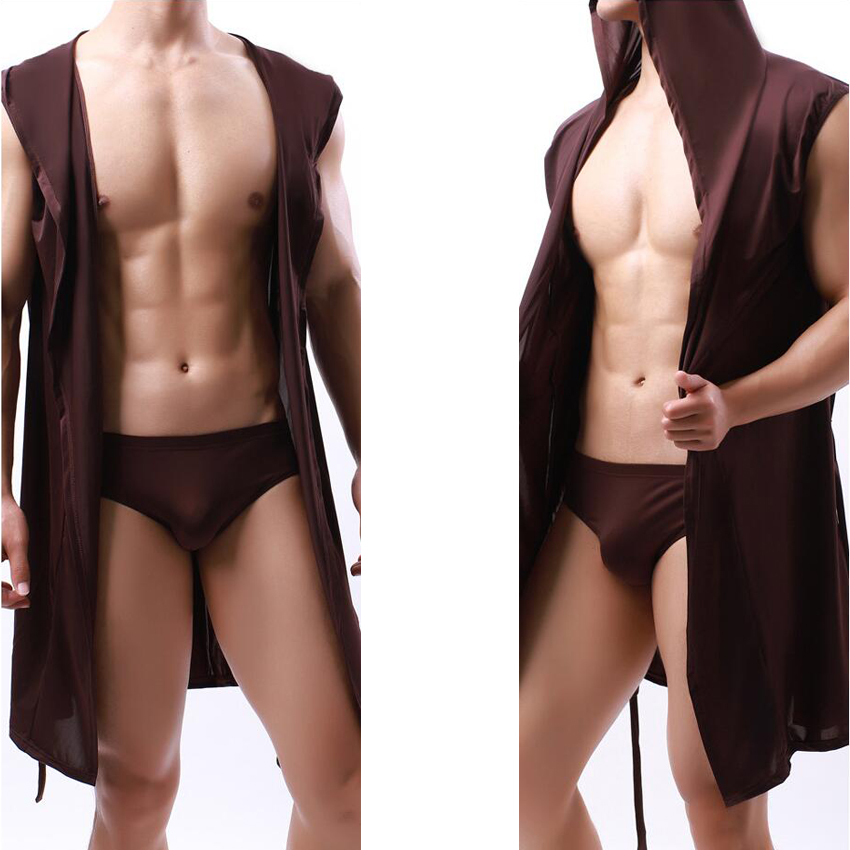 Albornoz con capucha para hombre, malla de seda transparente, toalla sin mangas, bata de baño larga, sudaderas con capucha, camisones, ropa de dormir, Tops informales sueltos para dormir
