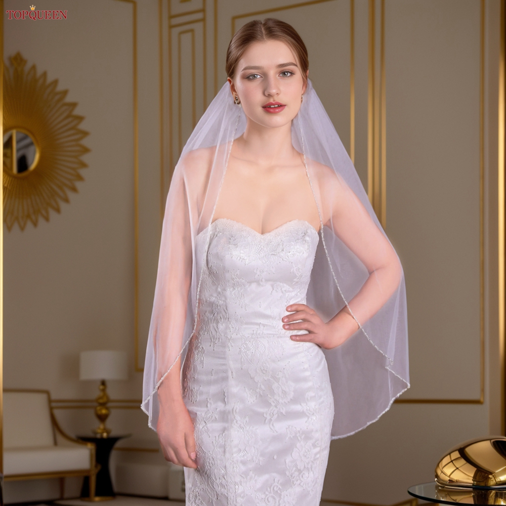 TOPQUEEN V107 Long Bridal Veils Crystal Beaded Wedding Veil With Crystal Edge 1 Tier Super Soft Bride To Be Veil Short