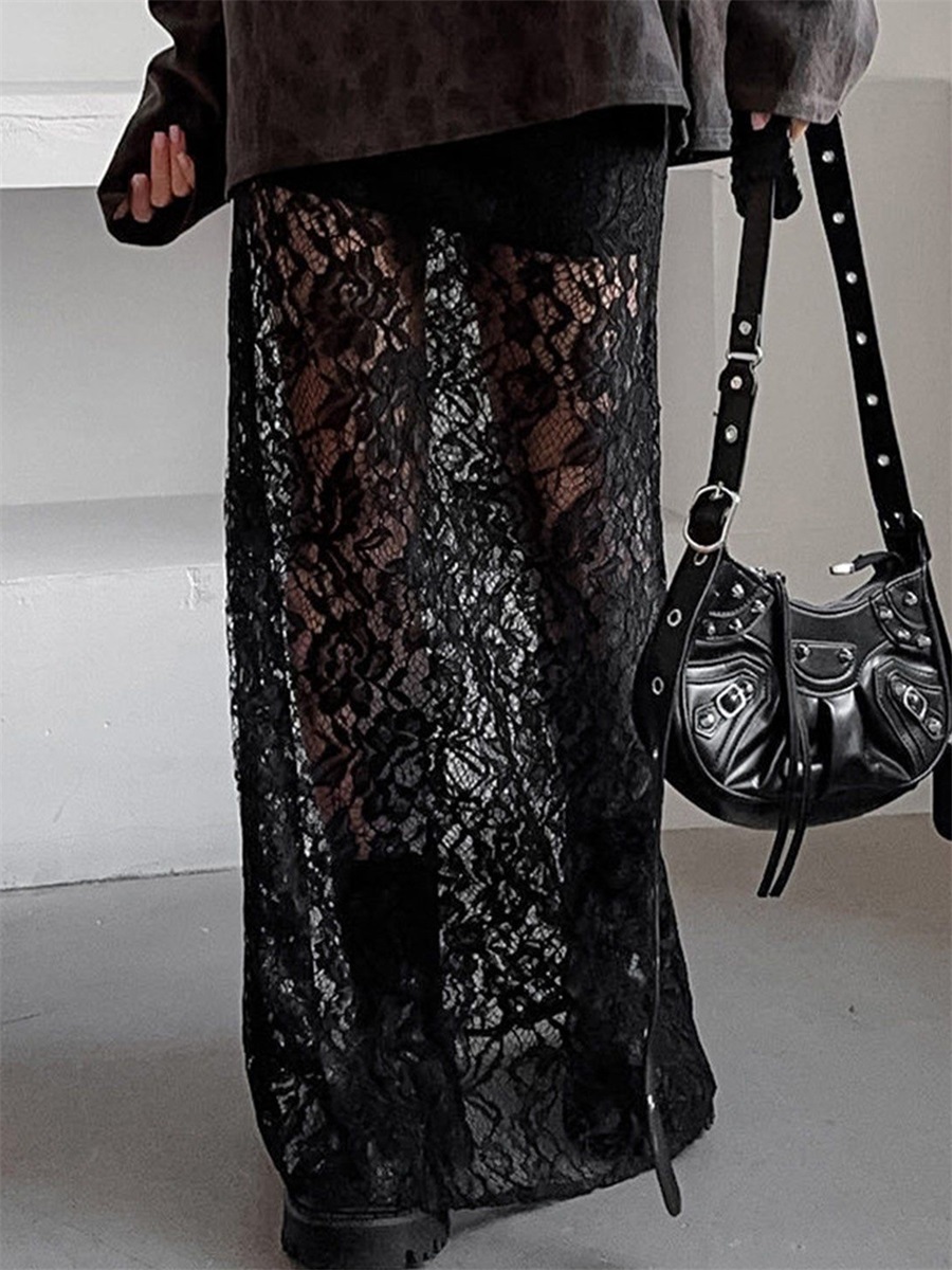 Vrouwen Kant Patchwork Lange Rokken Vintage Hoge Taille Effen Kleur Doorzichtige Maxi Rokken Slanke Rokken Elegante Temperament Rokken
