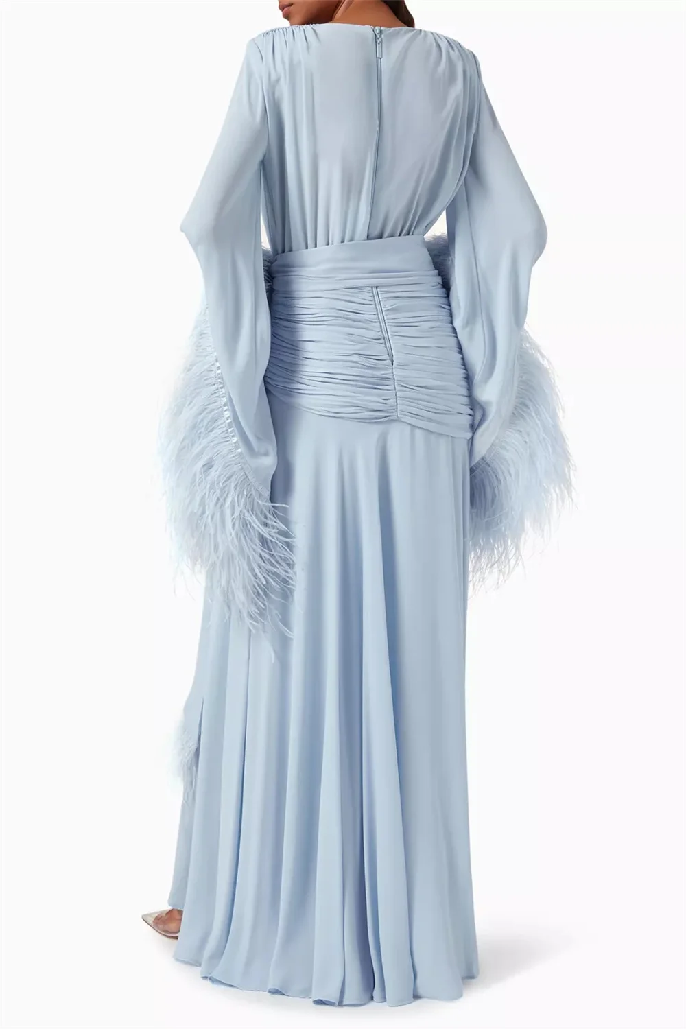 Sansa Customized V-neck Side High Slit A-line Prom Dresses Long Sleeve Elegant Evening Dresses Cascading Ruffle Party Dresses