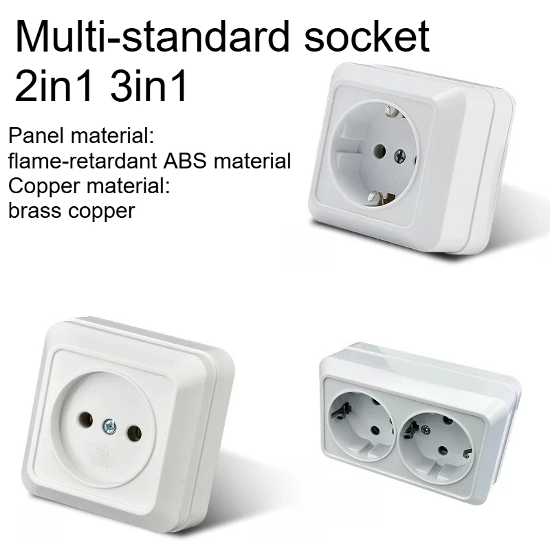 Enchufe de montaje en pared blanco, enchufe eléctrico estándar de la UE, enchufe de superficie Vintage, enchufes de plástico retardante de llama
