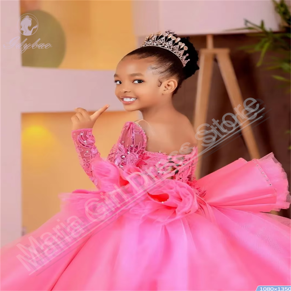 Customized Flower Girl Dresses Fluffy Birthday Illusion Sheer Neck Long Sleeves Princess First Communion Gowns