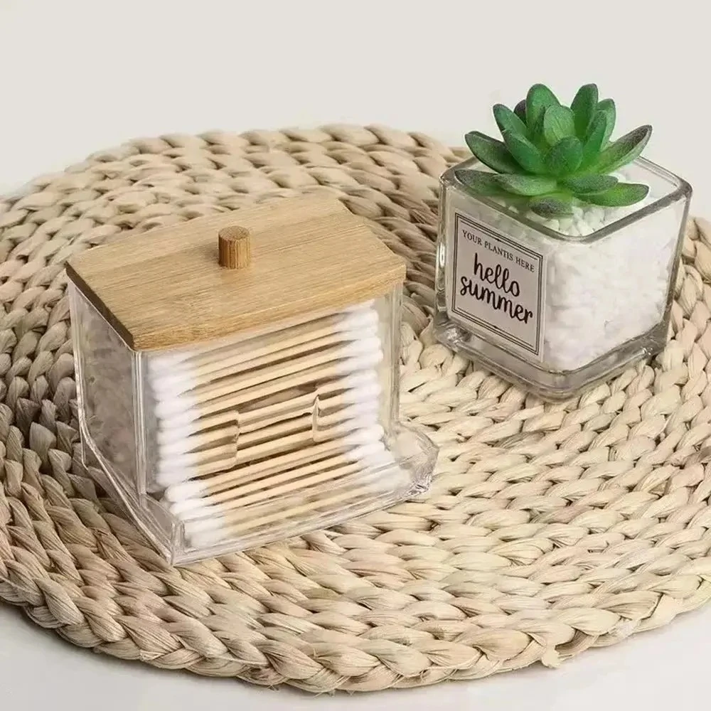 Porta batuffoli di cotone da 1 pezzo, dispenser per batuffoli di cotone con coperchi in bambù, barattoli portaoggetti per bagno in bambù, contenitori in plastica trasparente