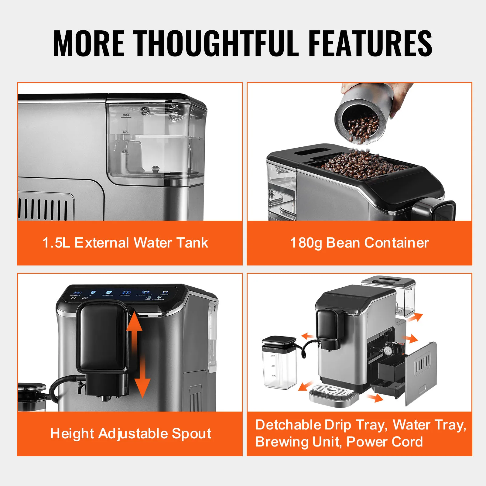 Máquina de café expreso automática SucceBuy, máquina de café con leche con pantalla táctil a Color, 15 niveles de molienda y depósito de leche extraíble
