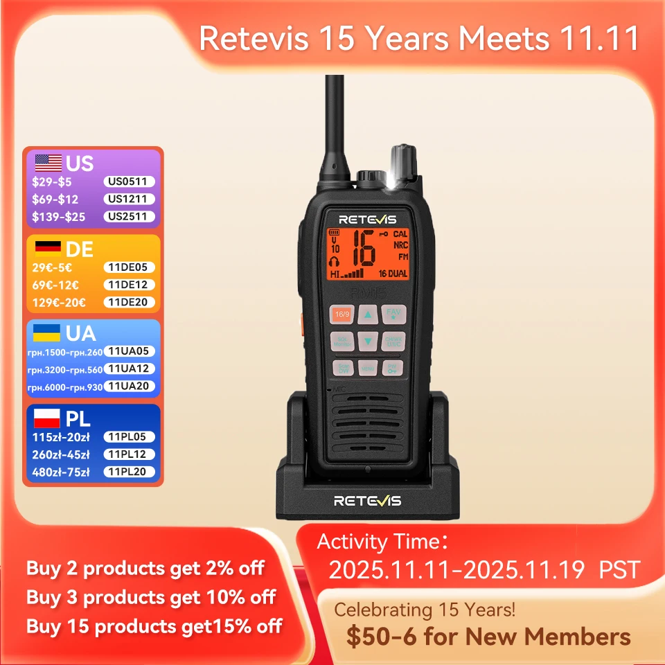 Retevis RM15 VHF Radiotransceptor Marino Impermeable IP68 y Flotante Handheld Portátil de Largo Alcance para Navegación