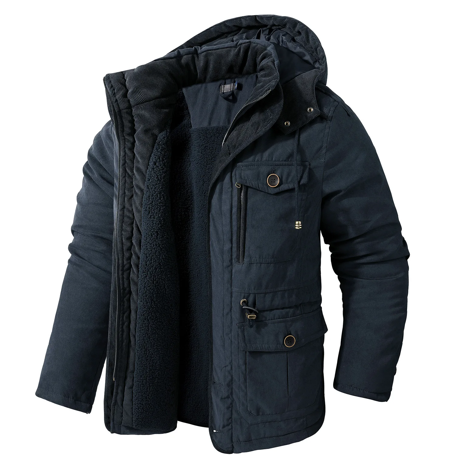 Herrenjacke WINTER USA GRÖSSE Große GRÖSSE Lammfleece-JACKE Kapuze Baumwolle Verdickter lässiger mittellanger Mantel mit mehreren Taschen