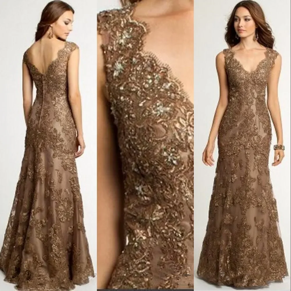 Robe sirène élégante à col en V pour mère de la mariée, appliques en dentelle, perles de cristal, marron, trompent, fête formelle, mariage, mode, 2024