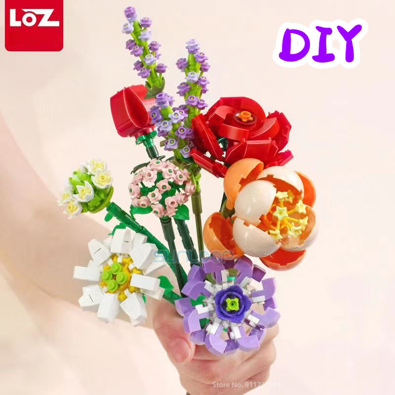 Loz-女の子と女性のための花のビルディングブロック,バレンタインデーのギフトセット,バラ,ロマンチックな花飾り