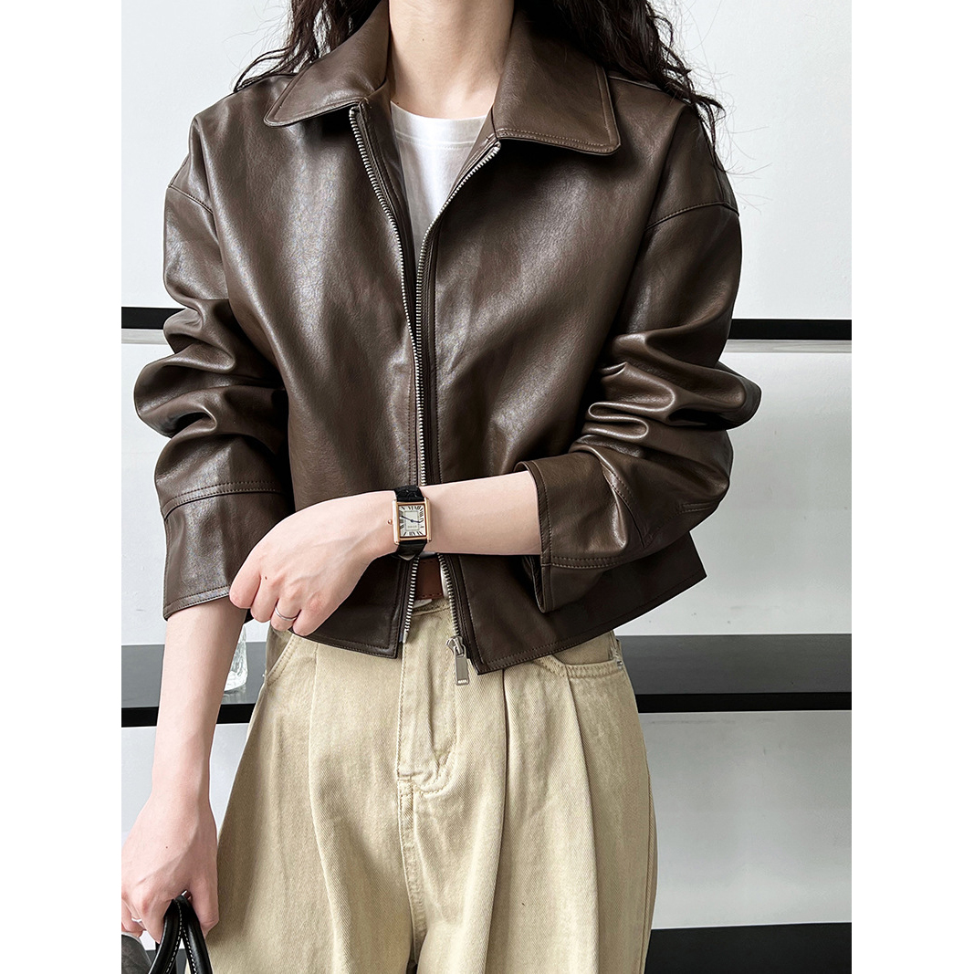 2024 Frühling Pu Leder Turn Down Kragen Jacke Mantel Mode Reiß verschluss Frauen klassische Jacke Femme Streetwear Frauen Tops Kleidung
