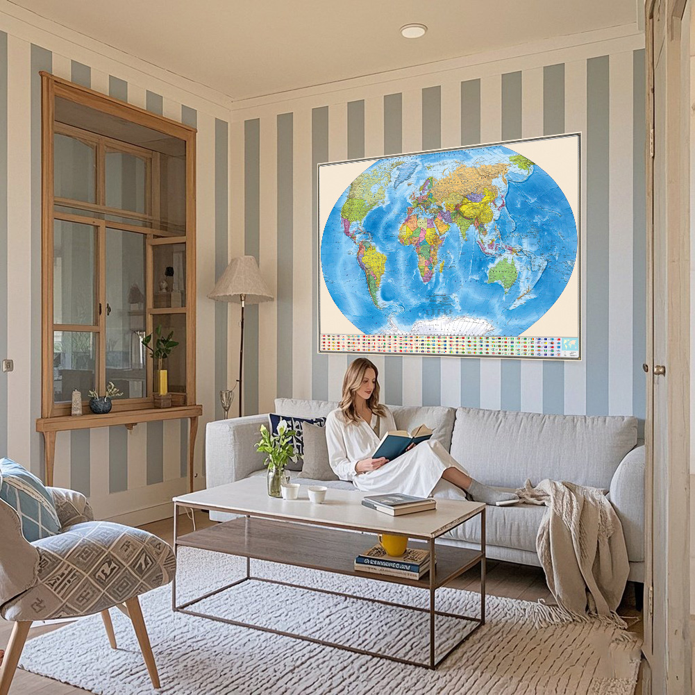 Mapa mundi multi tamanho, decoração de parede em idioma russo, grande cartaz de tecido vintage, não tecido, sala de estar, quarto, decoração, material escolar