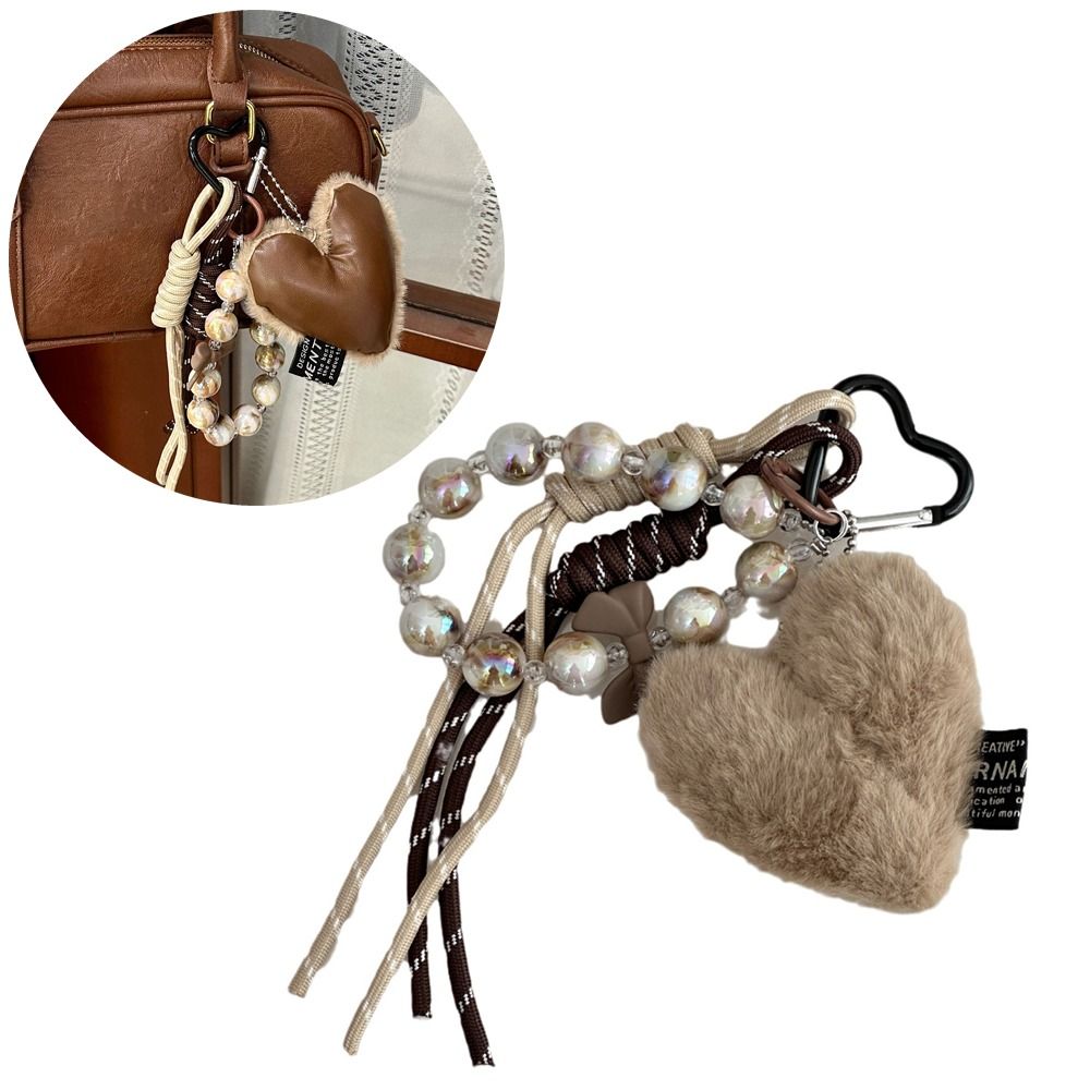 Brown Leather Maillard Style Designed Key Chain Plush Creative Love Heart Pendant Luxury Charm Long Tassel Keychain