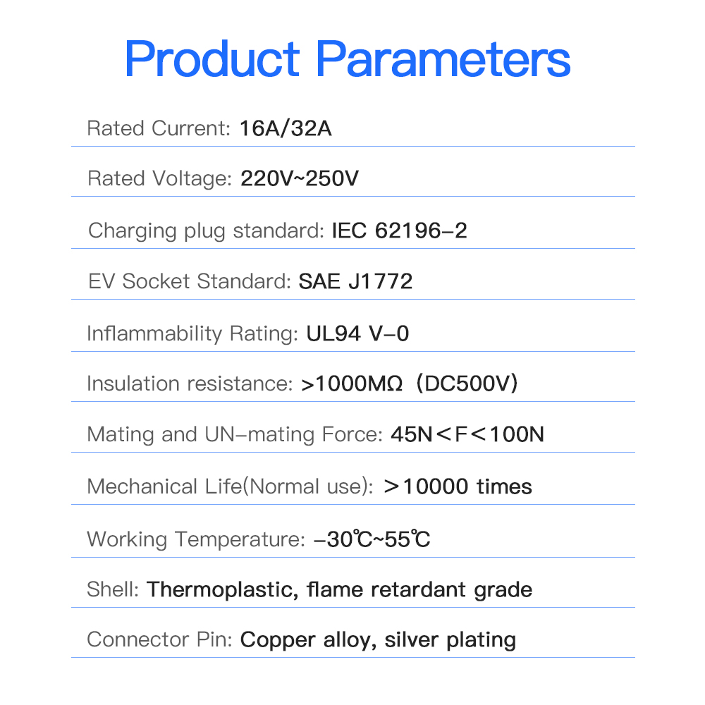 EV Charger Adaptor 32A 7.2KW SAE J1772 Socket Type 1 to Type 2 Converter For Type 2 Eletric Vehicles Charging
