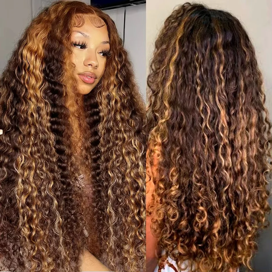 40 นิ้วไฮไลท์น้ําผึ้งสีน้ําตาล Curly ลูกไม้ด้านหน้าด้านหน้ามนุษย์ Wigs 13x6 สี Ombre 13x4 Deep Wave วิกผมลูกไม้ด้านหน้าด้านหน้าความหนาแน่น 200