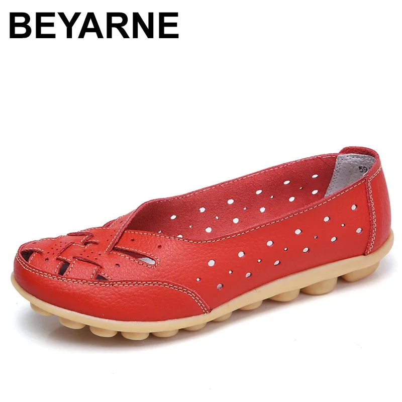 BEYARNEHot nữ Flat Plus kích thước shoes35-44women cho nữ nữ rỗng phẳng da thật Da Giày Nữ Giày loafer