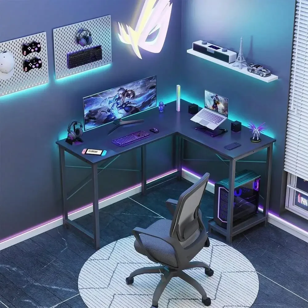 Home Office L Shape Corner Computer Desk Gaming PC Table with CPU Stand Side Bag