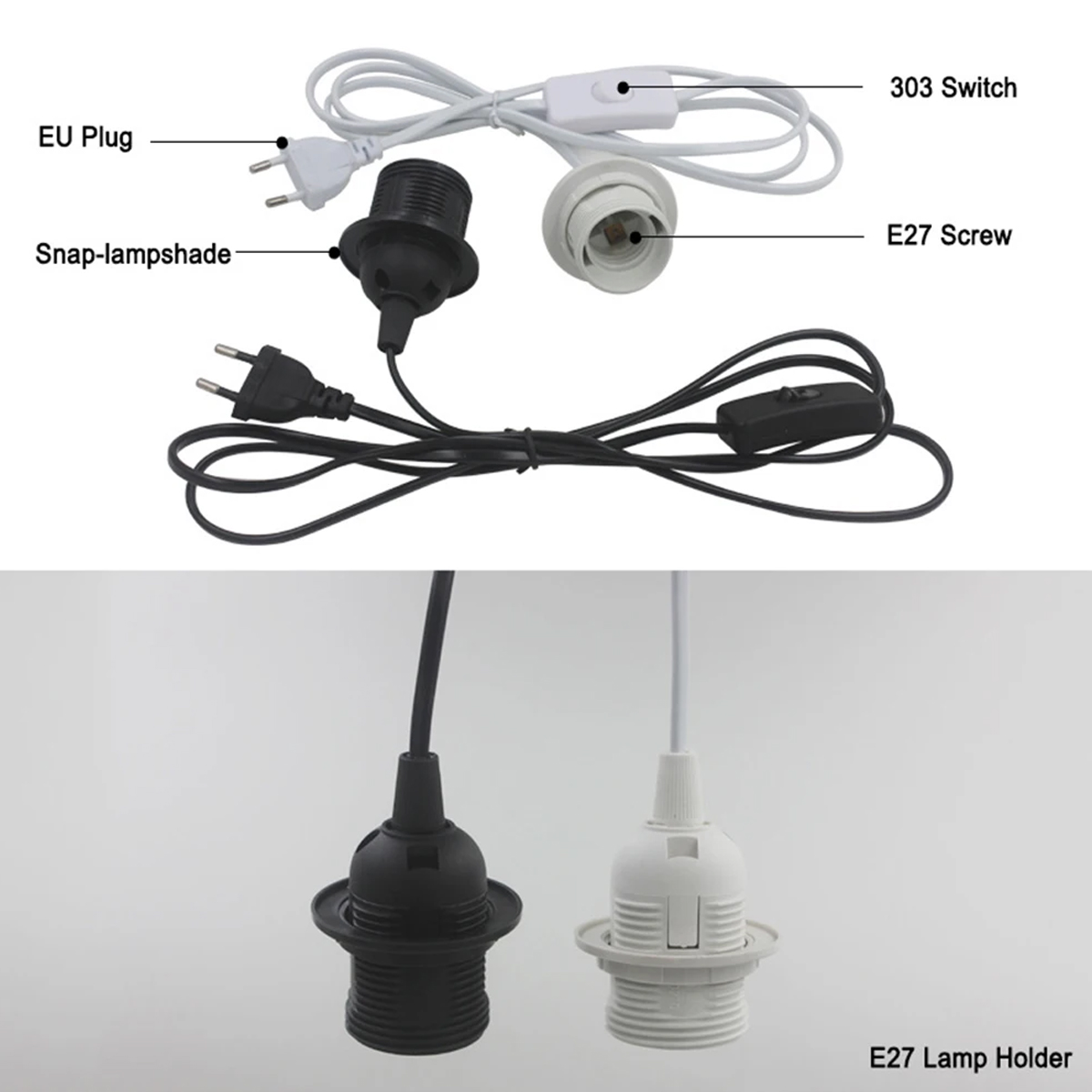 Cables de cable de alimentación con enchufe UE/EE. UU., 1,8 m, soporte de Base de lámpara de dientes completos E27 con cable de interruptor para lámpara colgante