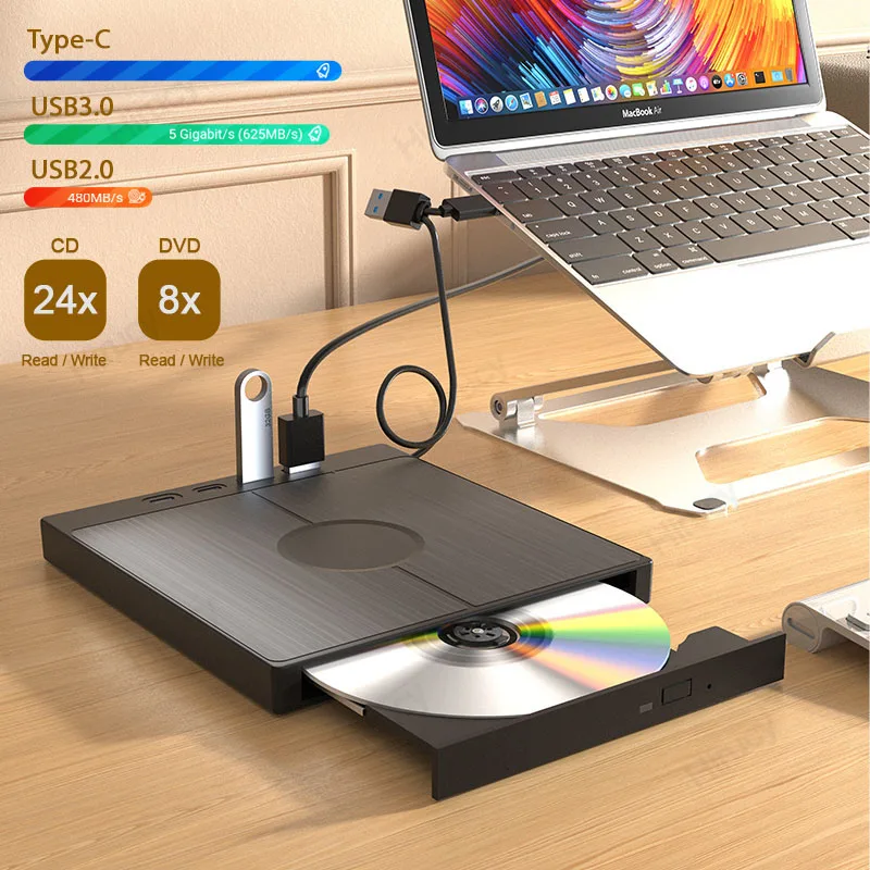 7-in-1 USB 3.0 Type C External CD DVD RW Optical Drive DVD Player Burner Reader Multi-Function Drive For Windows Mac PC Laptop