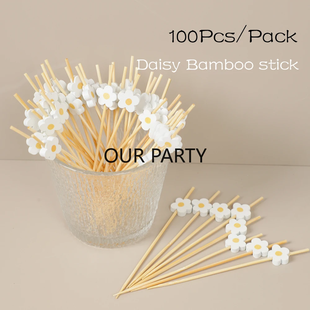 100 piezas de flores de Margarita dulce, selecciones de comida de bambú desechables, tenedores de fruta para postre para niños, decoración de fiesta de cumpleaños, boda, Baby Shower