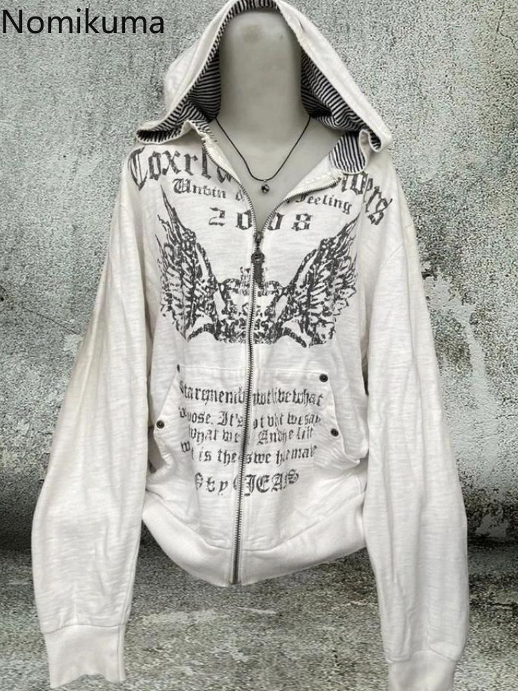 Sudaderas Vintage para Mujer, Túnica con estampado blanco, abrigo Y2k con capucha, ropa de calle, sudaderas informales de moda, Tops, Ropa para Mujer 2024