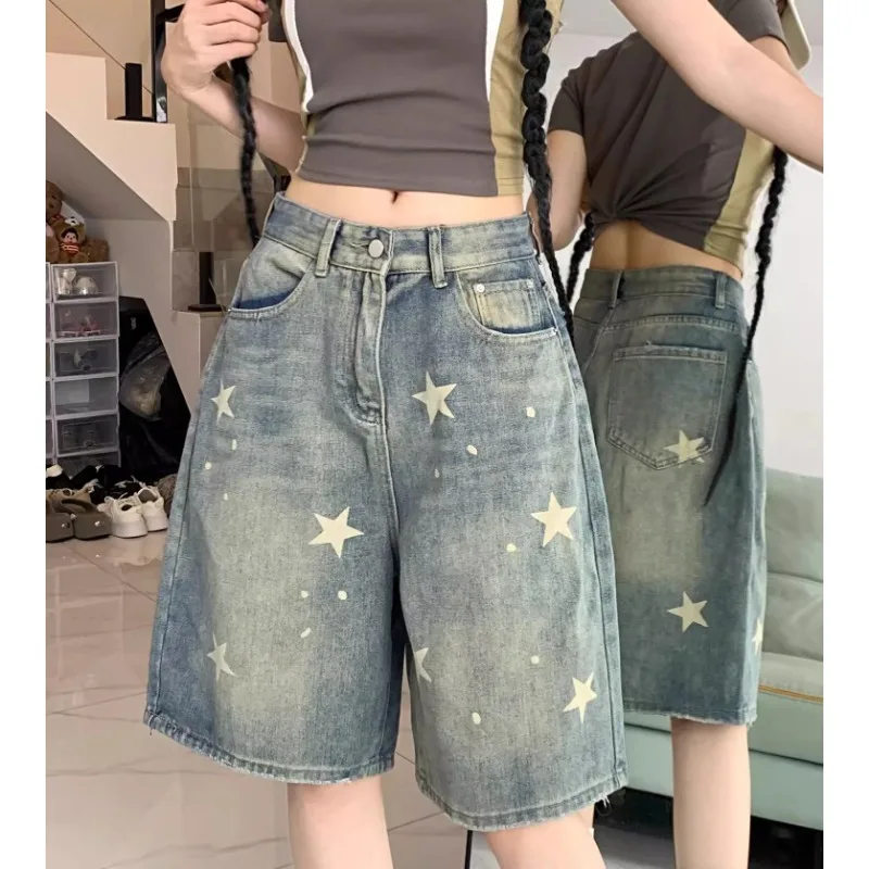 Luźne jeansy damskie z szerokimi nogawkami w kwiatowy wzór, nowe, w stylu amerykańskim retro, z motywem gwiazd, proste nogawki, wygodne, elastyczne, miękkie szorty dżinsowe.