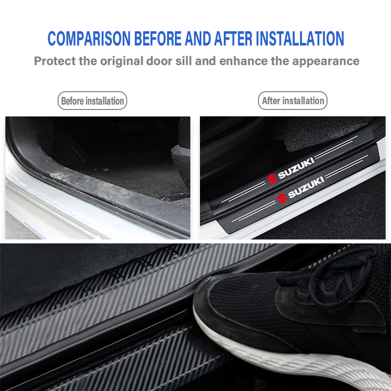 4pcs ประตูรถเกณฑ์คาร์บอนไฟเบอร์ Scuff แผ่นสติกเกอร์สําหรับ Suzuki Swift Grand Vitara Baleno Jimny SX4 รถอุปกรณ์เสริมภายใน